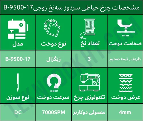 مشخصات چرخ خیاطی سردوز سه‌نخ زوجیB-9500-17